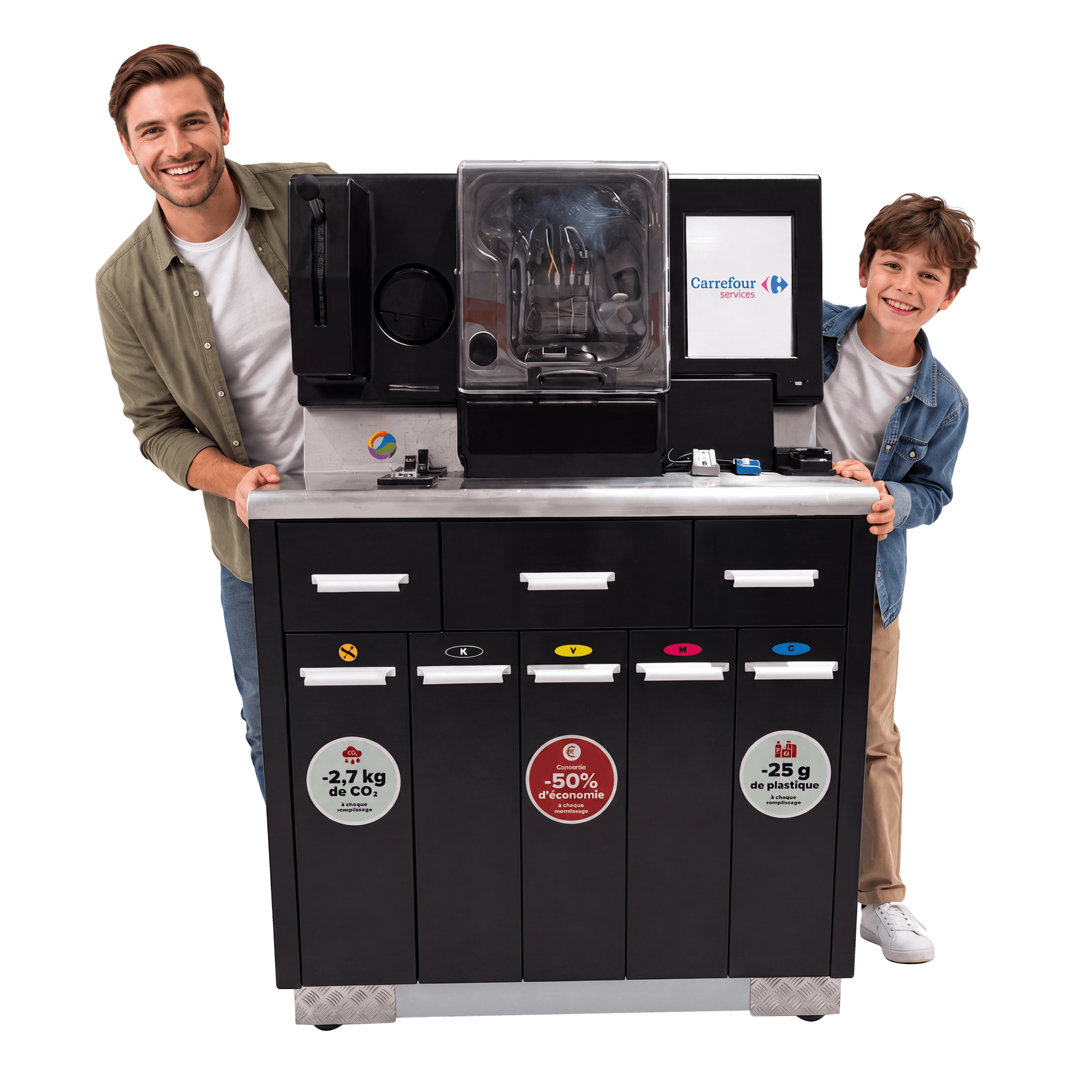 Famille devant une machine de recharge Bar à Encre